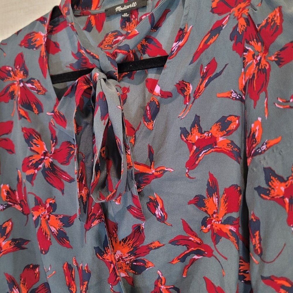 Madewell Silk Wrap Balloon Top Womens XS Shirt Green Floral Blouse 3/4 Sleeve - Picture 3 of 11
